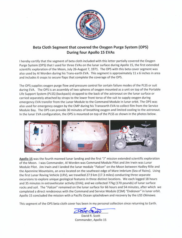 Apollo 15 Lunar BETA CLOTH Fragment. Lunar Surface+Lunar Rover+ Deep Space EVA used. Präsentation